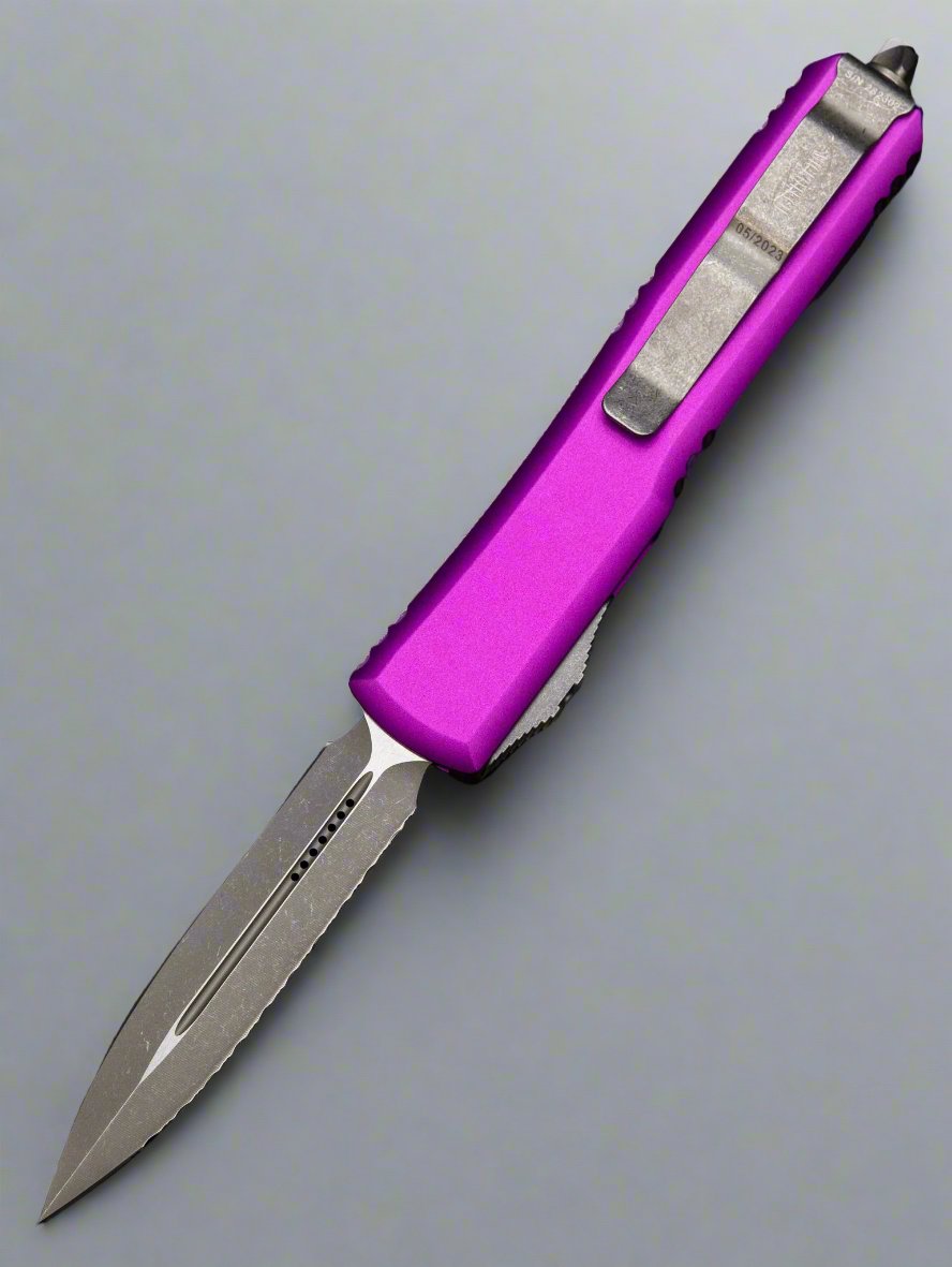MICROTECH ULTRATECH OTF KNIFE- DOUBLE EDGE- VIOLET HANDLE- APOCALYPTIC FULL SERRATED BLADE 122-12 APVI