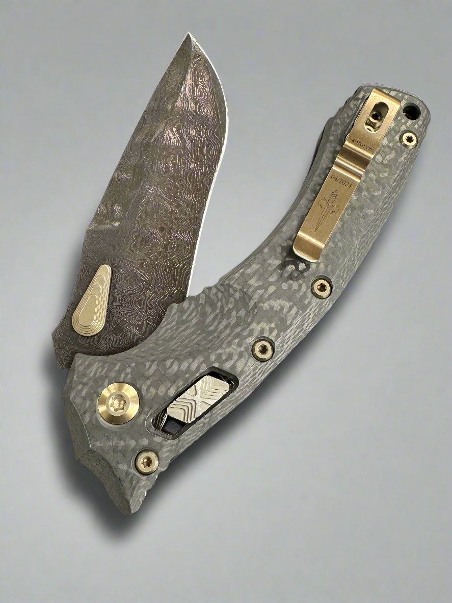 Marfione Custom Knives Amphibian RAM-LOK Pekka Tuominen Damascus w Bronze Two Tone Hardware & Carbon Fiber Handles Prototype 1/1