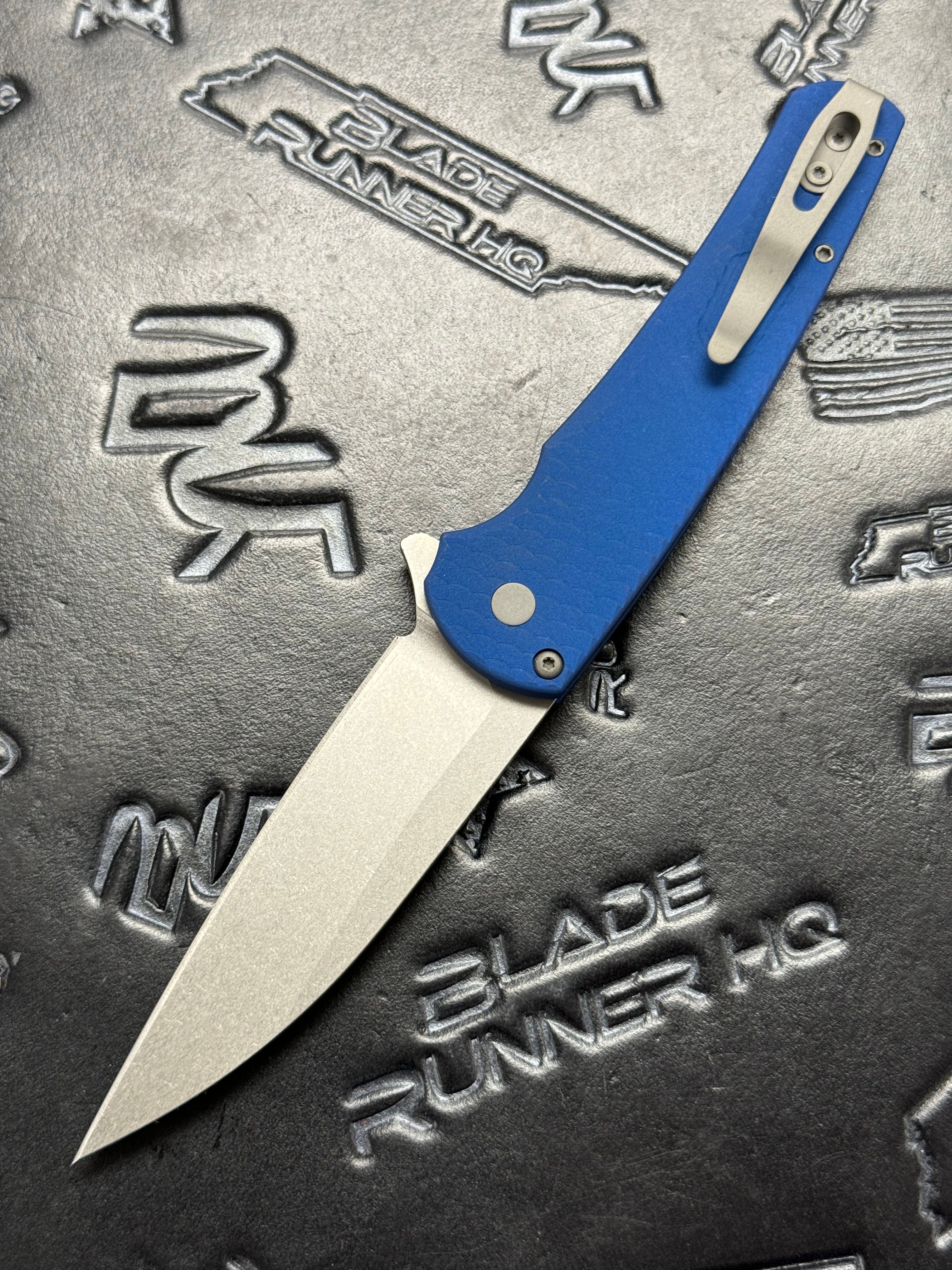 Pro-Tech 5335 Malibu Manual Flipper Knife 3.30" CPM-MagnaCut Stonewashed Wharncliffe Blade, Blue Aluminum Handles, Button Lock - 5335-BLUE