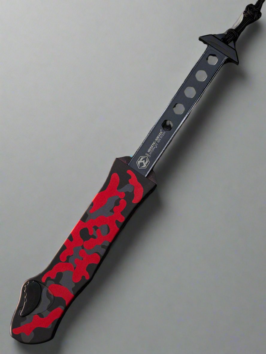 Heretic Hydra V3 Red Camo Aluminum Handle & Two Tone Cerakote Tanto Full Serrated MagnaCut H006-10C-RCAMO