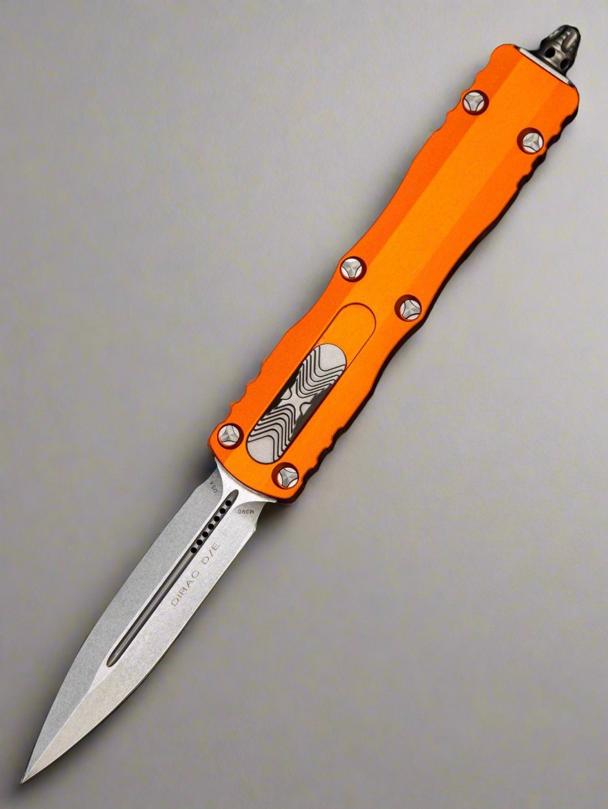 Microtech 225-10 OR Dirac AUTO OTF Knife 2.92" Stonewashed Double Edge Dagger Blade, Orange Aluminum Handles