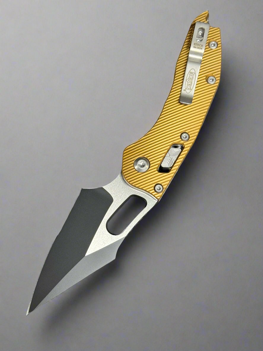 Microtech Knives Manual Stitch RAM LOK Fluted Tan Aluminum & Two Tone Black Partial Serrated M390MK 169RL-2 FLTA