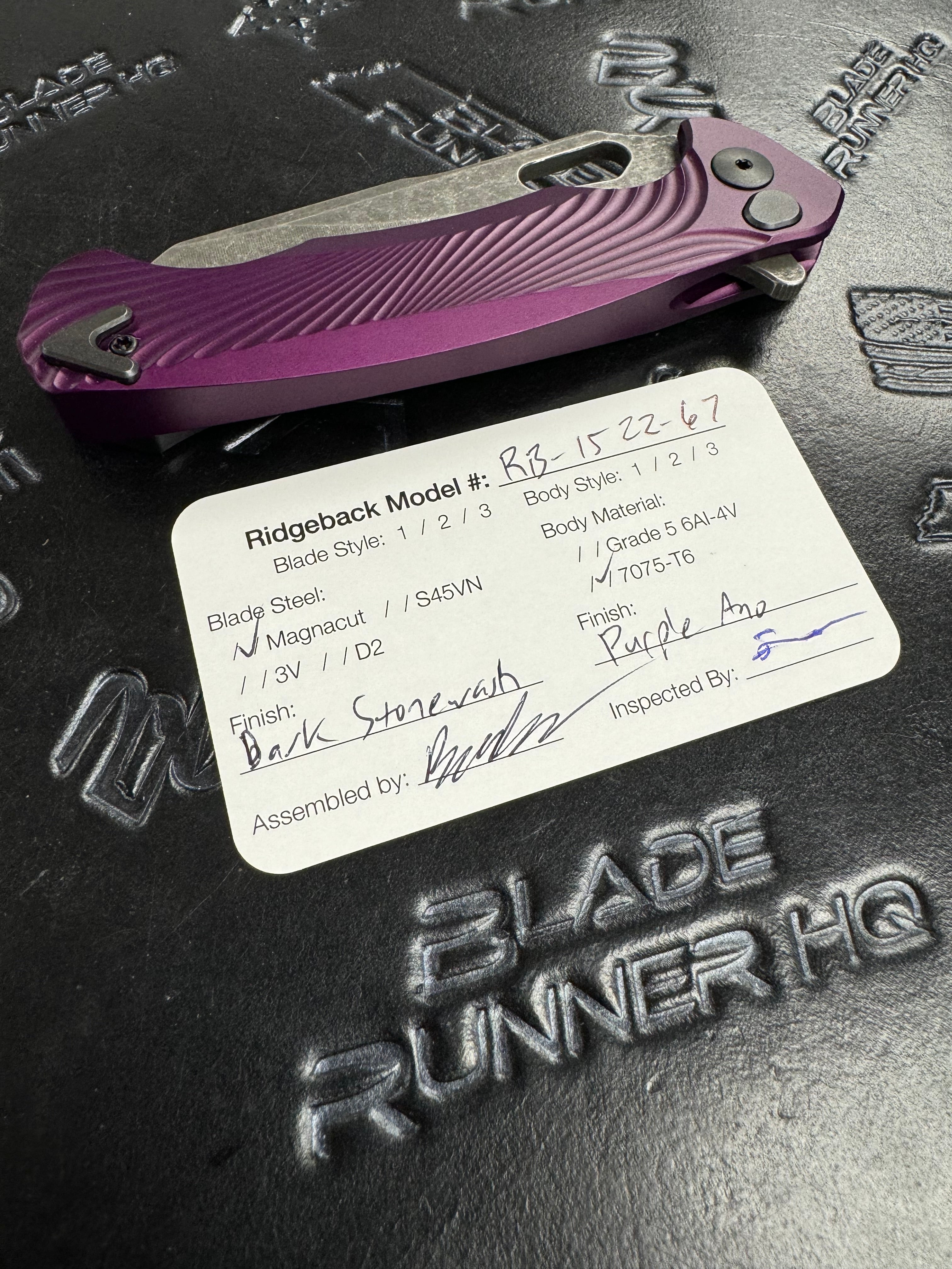 Dead Reckon Knives Ridgeback - Aluminum Purple, Modified Blade Shape, Series 1, Textured, Magnacut, Button Lock, Dark Stonewash
