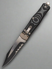 Pre Owned MICROTECH GREEN OSS COBRA KNIFE, AUTO LEVER LOCK, BLACK TWO TONE PART SER BLADE, 137-2GR