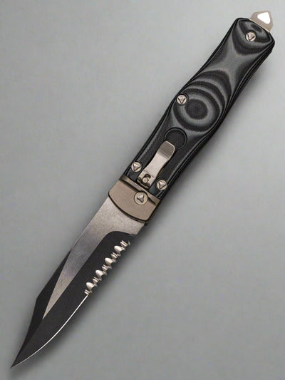 Pre Owned MICROTECH GREEN OSS COBRA KNIFE, AUTO LEVER LOCK, BLACK TWO TONE PART SER BLADE, 137-2GR
