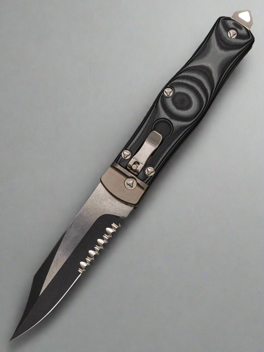 Pre Owned MICROTECH GREEN OSS COBRA KNIFE, AUTO LEVER LOCK, BLACK TWO TONE PART SER BLADE, 137-2GR