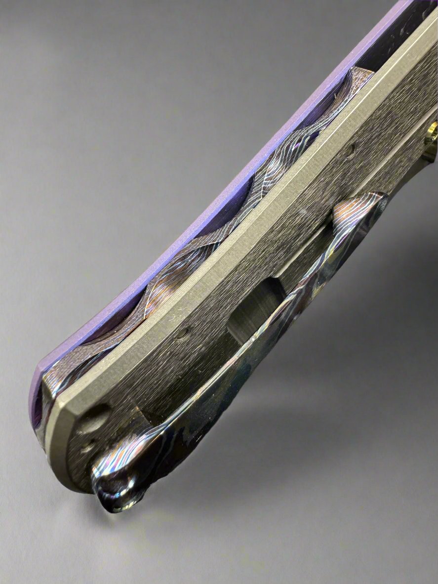 Pre Owned John Gray Rostrum, Black Rain Tanto Blade, Circuit Pattern Milled Titanium Purple Ano Mokuti Accents