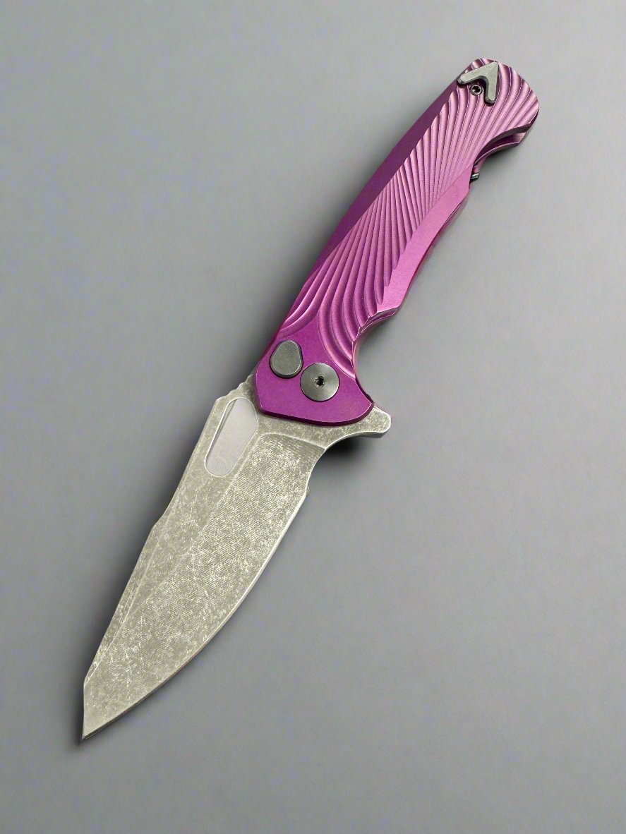 Dead Reckon Knives Ridgeback - Aluminum Purple, Modified Blade Shape, Series 1, Textured, Magnacut, Button Lock, Dark Stonewash
