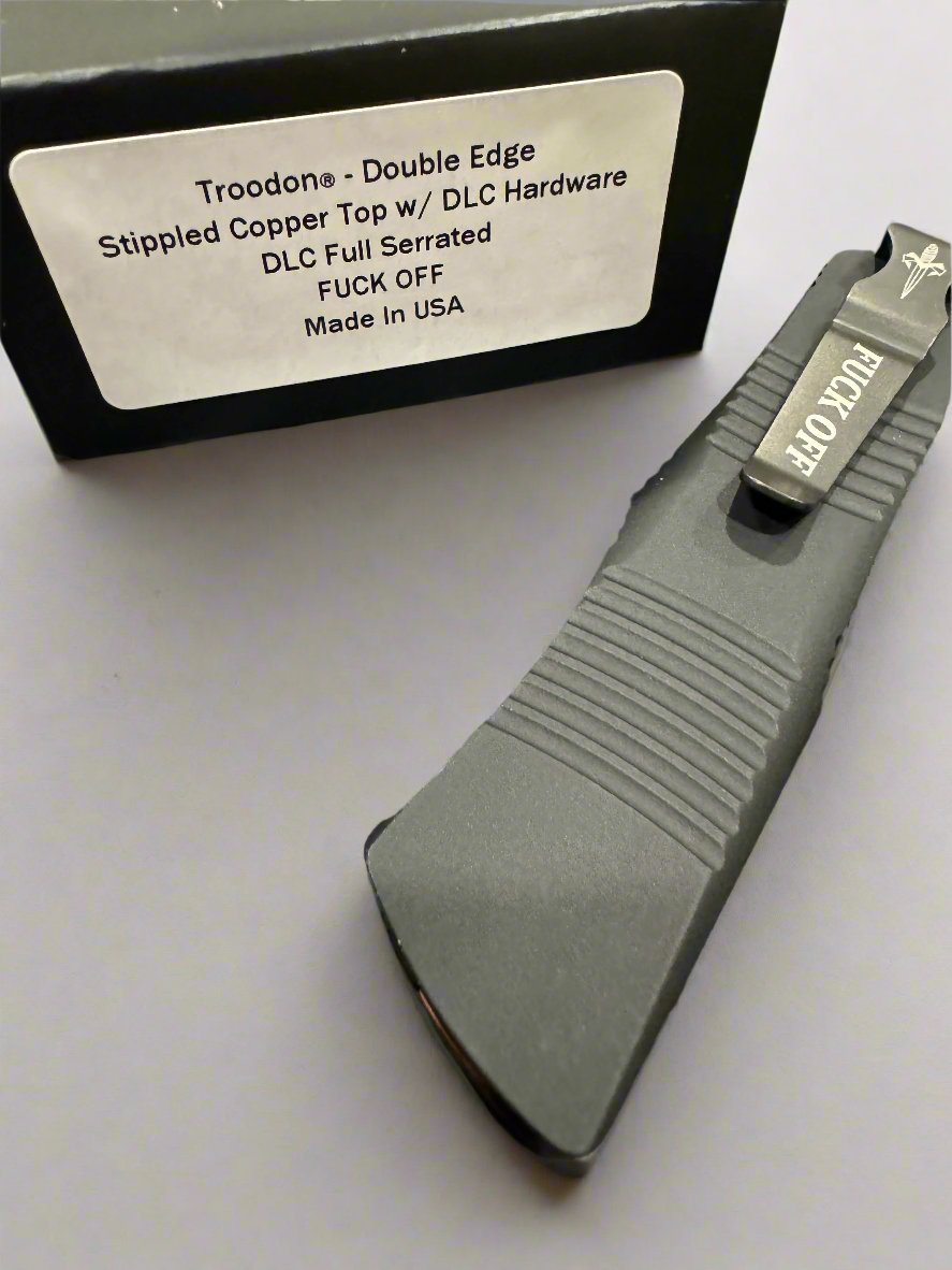 Microtech Troodon Stippled Copper Top DLC Full Serrate “F Off” Marfione Personal Collection