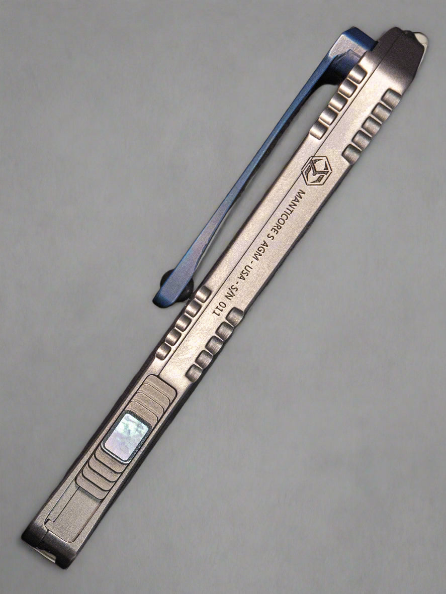 Heretic Manticore S Bowie Baker Forge Double Shim Stainless Steel Chassis Mother of Pearl Inlays Blue Ano Clip