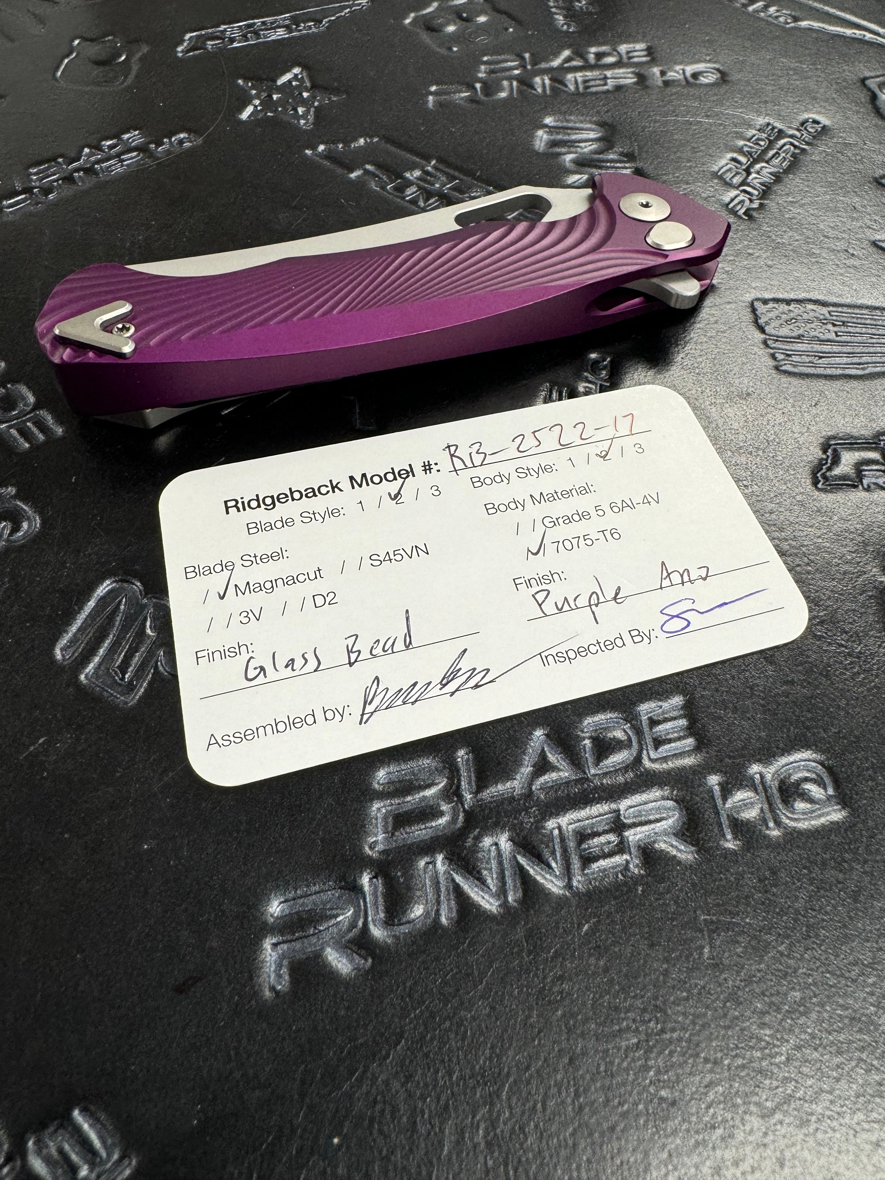 Dead Reckon Knives Ridgeback - Aluminum Purple, WharnCleaver, Series 2, Body 2, Magnacut, Button Lock, Glass Bead Matte Finish
