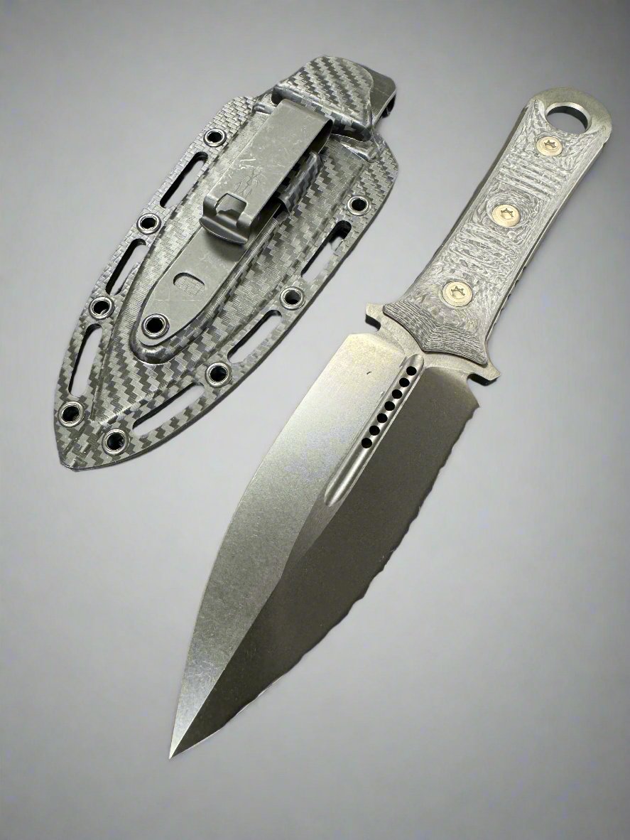 Microtech/Borka Blades 201-3DLCCFS Signature Series SBD Fixed Blade Knife 4.375" Black DLC Plain/Serrated Double Edge Dagger Blade, Milled Carbon Fiber Handles, Kydex Sheath