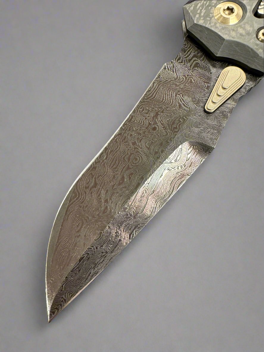 Marfione Custom Knives Amphibian RAM-LOK Pekka Tuominen Damascus w Bronze Two Tone Hardware & Carbon Fiber Handles Prototype 1/1