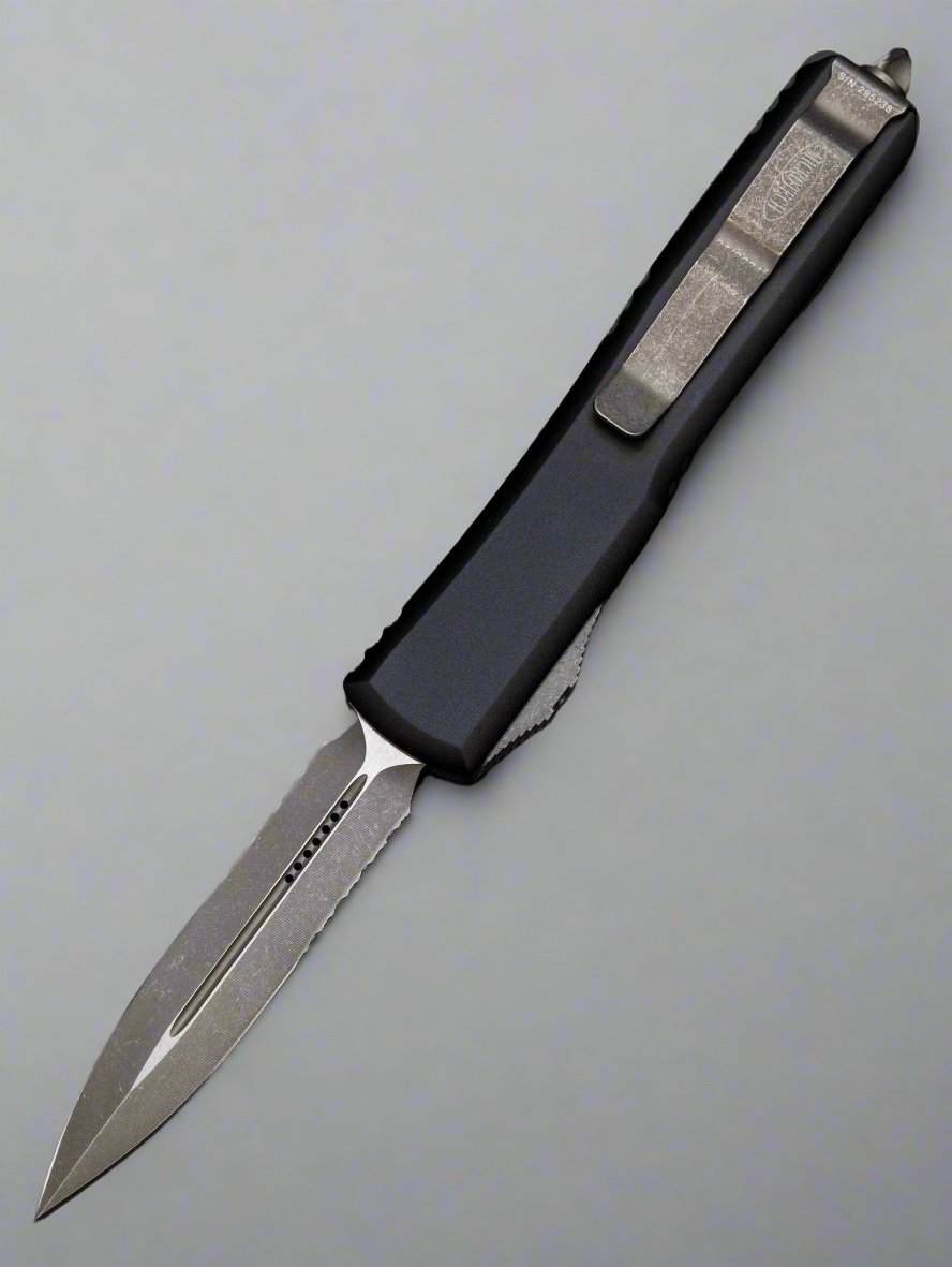 MICROTECH ULTRATECH OTF KNIFE- BLACK HANDLE- PART SERRATED APOCALYPTIC BLADE 122-11 AP