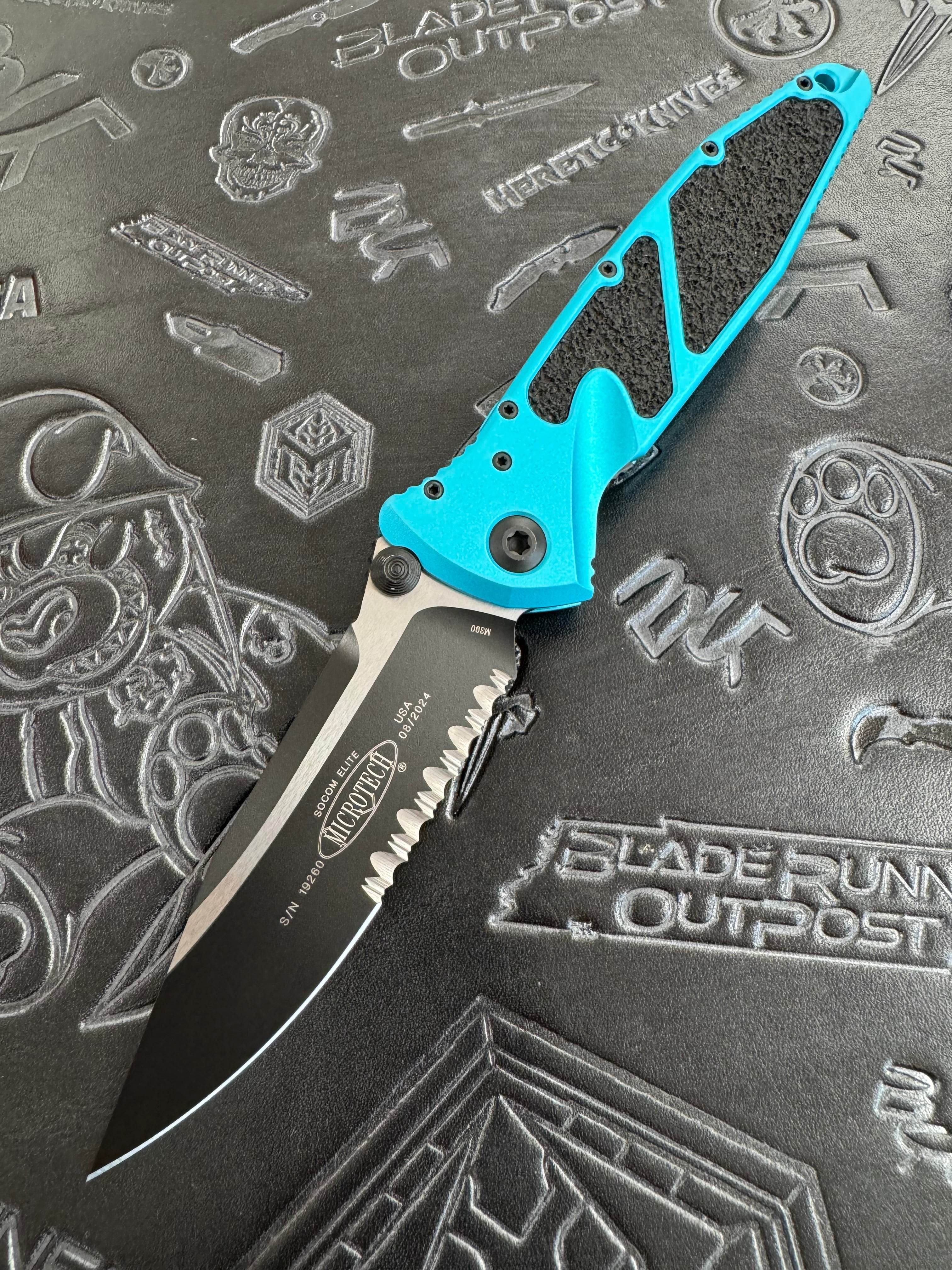 Microtech Socom Elite Manual Black Single Edge Part Serrated w/ Turquoise Handles 160-2 TQ