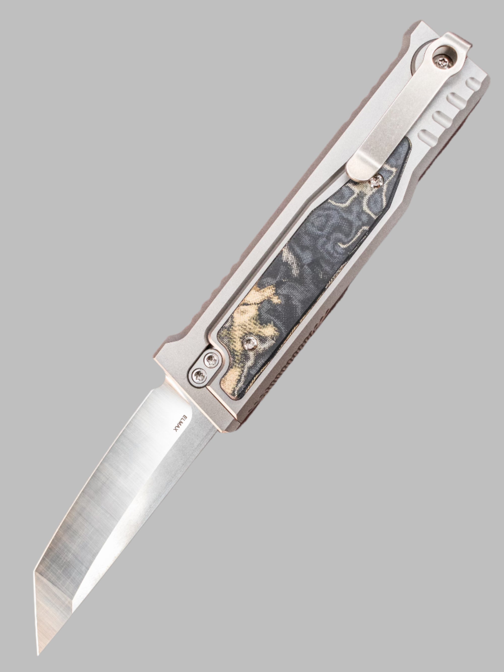 REATE EXO-M SAFETY LOCK GRAVITY KNIFE (ELMAX TANTO, GREEN/BLACK BURL LINEN MICARTA)