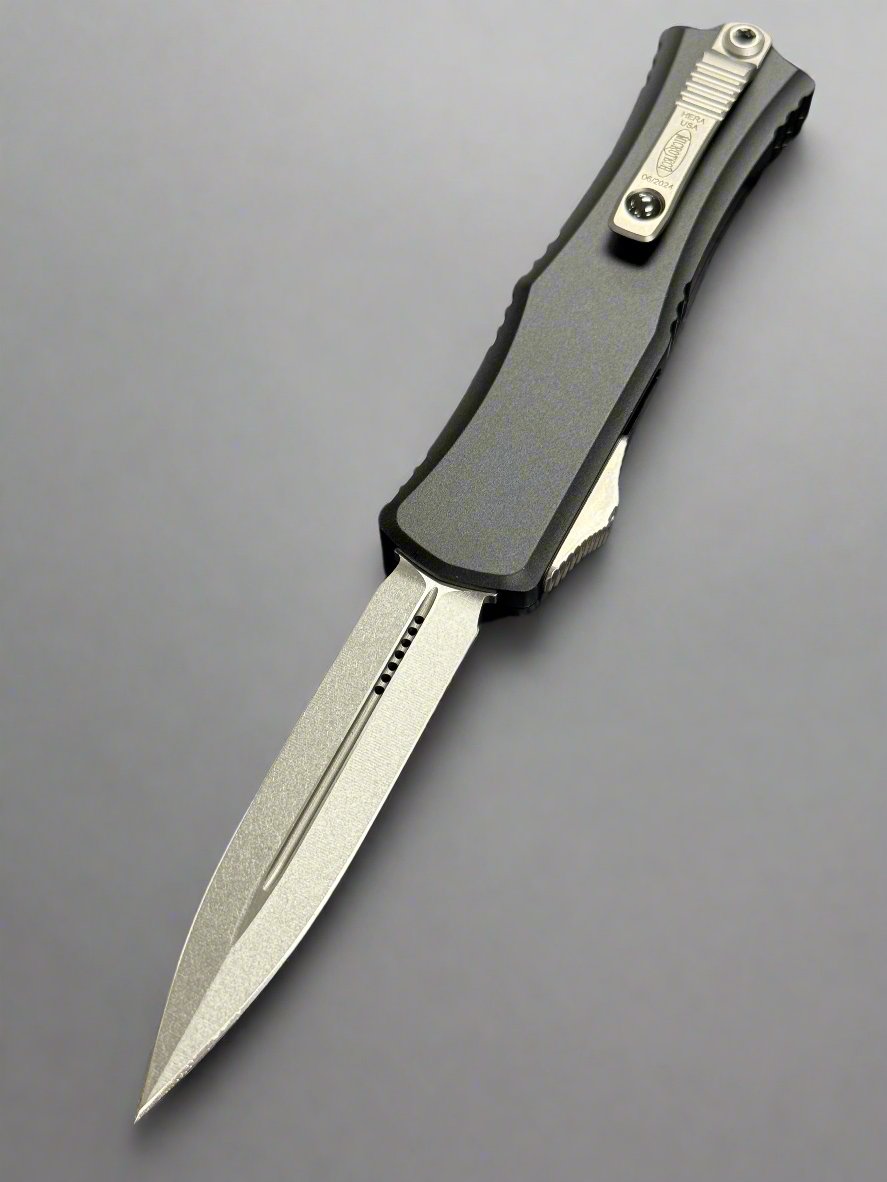 Microtech Knives Mini Hera Stonewash Double Edge M390MK w/ Black Handle 1702M-10