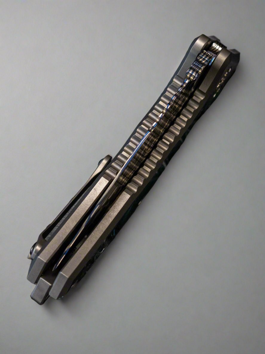 Pre Owned Heretic Medusa (SN 005) Blue Vegas Forge Damascus Titanium w/ Mammoth Ivory Inlays Mammoth Ivory Inlaid Button