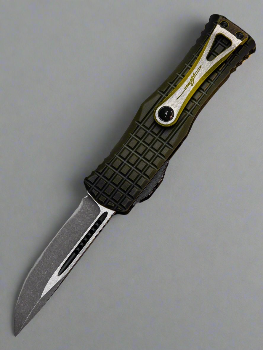 MICROTECH HERA OTF KNIFE- FRAG- SINGLE EDGE- GRENADE GREEN FRAG HANDLE- APOCALYPTIC FULL SERRATED EDGE 703-12 APFRGS