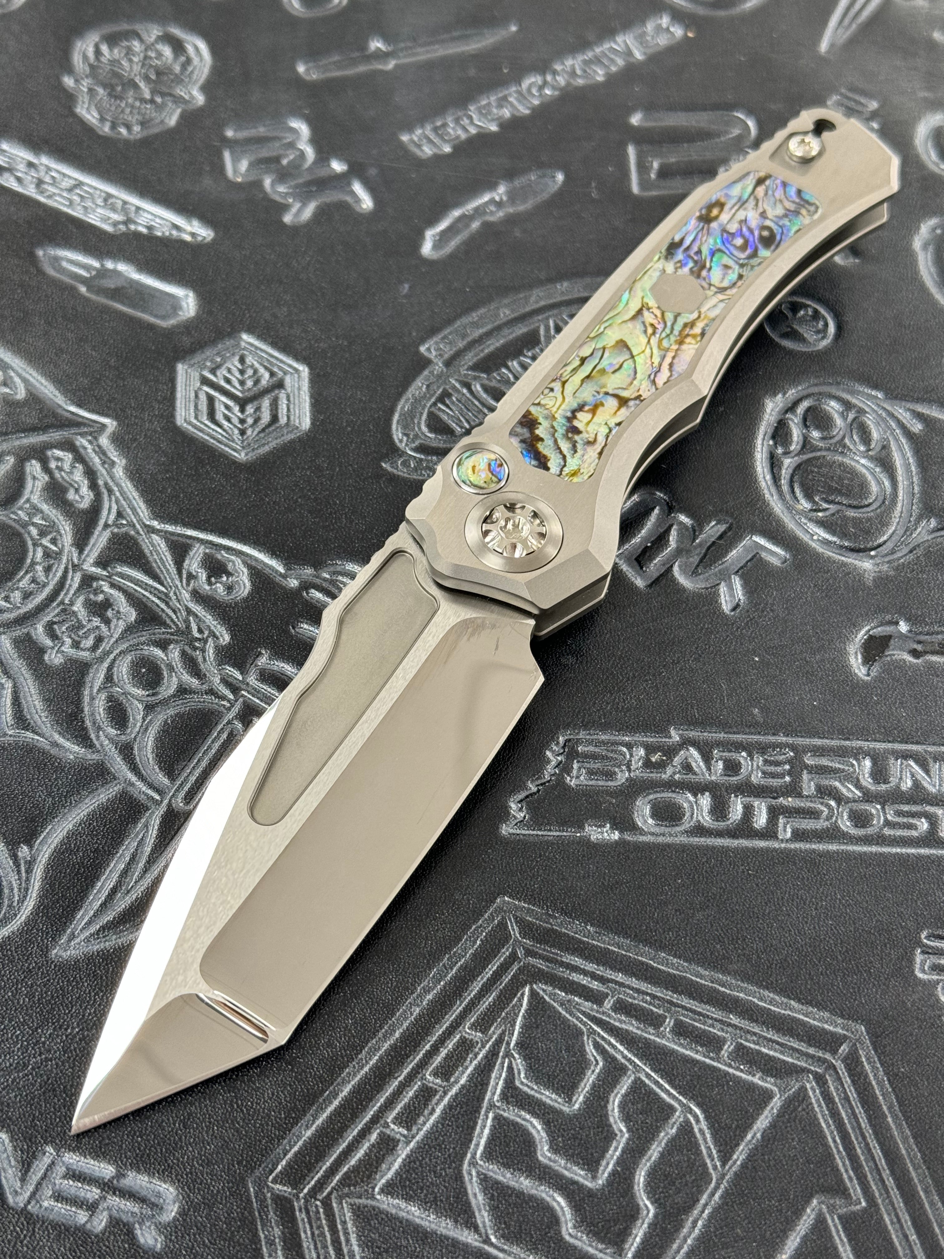 Heretic Knives Custom Wraith Auto V4 w/ Abalone Inlays & Hand Ground Mirror M390 Tanto Blade