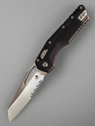 Microtech MSI RAM-LOK Manual Folding Knife 3.88" Bohler M390MK Stonewashed Modified Sheepsfoot Combo Blade, Black Injection Molded Polymer Handles, AXIS/Crossbar Lock - 210T-11PMBK *