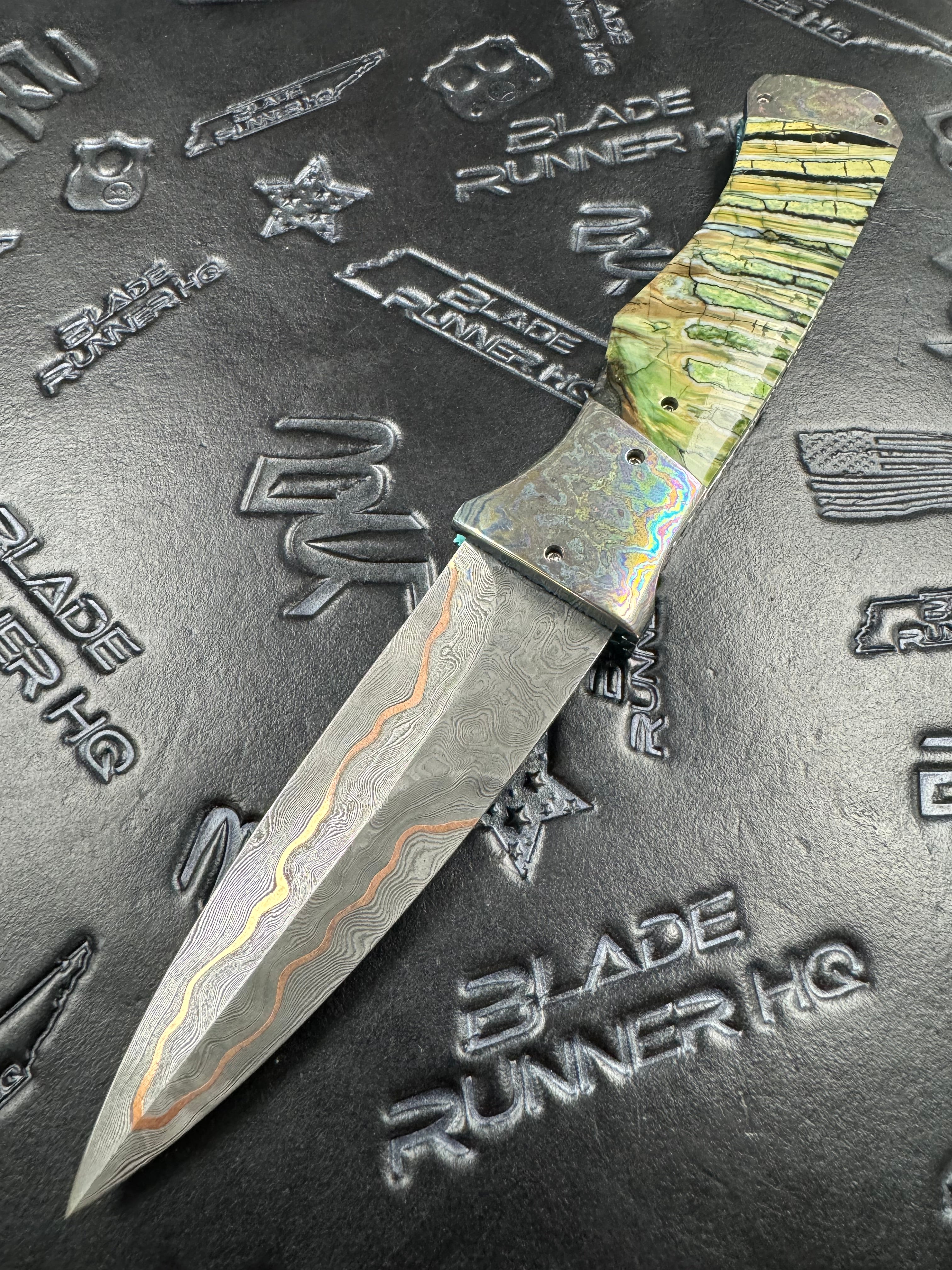 Valloton, Rainy - SV AK-25 2x Damascus / Copper Core Moku-Ti Bolsters Green & Black Molar Handles Custom Double Action D/A Folder