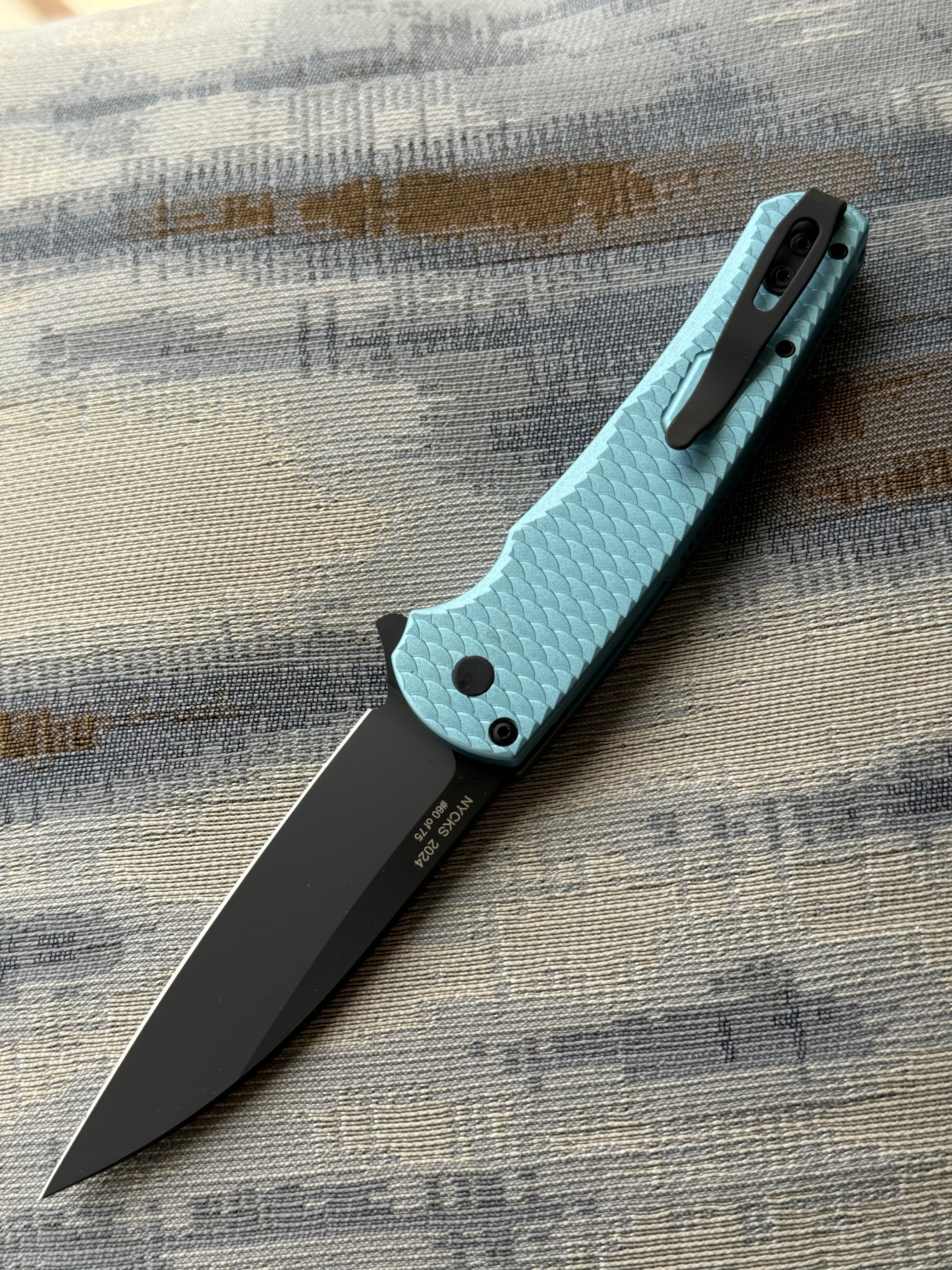 Pro-Tech NYCKS Special Malibu Wharncliffe - Teal Dragon Scale Handle Black Pearl Button - Black MagnaCut Blade /75