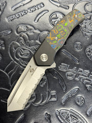 Beans Blades Mini Warrior Folder - 80s Camo Carbon, Titanium Handle, M390 Satin, Full Serrate BROP Exclusive