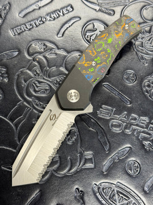 Beans Blades Mini Warrior Folder - 80s Camo Carbon, Titanium Handle, M390 Satin, Full Serrate BROP Exclusive