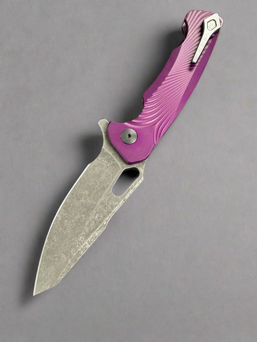 Dead Reckon Knives Ridgeback - Aluminum Purple, Modified Blade Shape, Series 1, Textured, Magnacut, Button Lock, Dark Stonewash