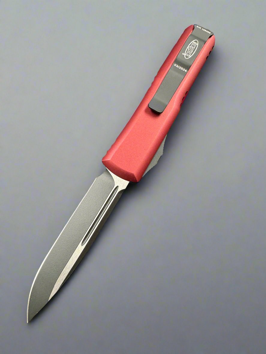 MICROTECH UTX-85 OTF AUTO KNIFE- SINGLE EDGE- MERLOT RED HANDLE- Standard BLADE 231-1