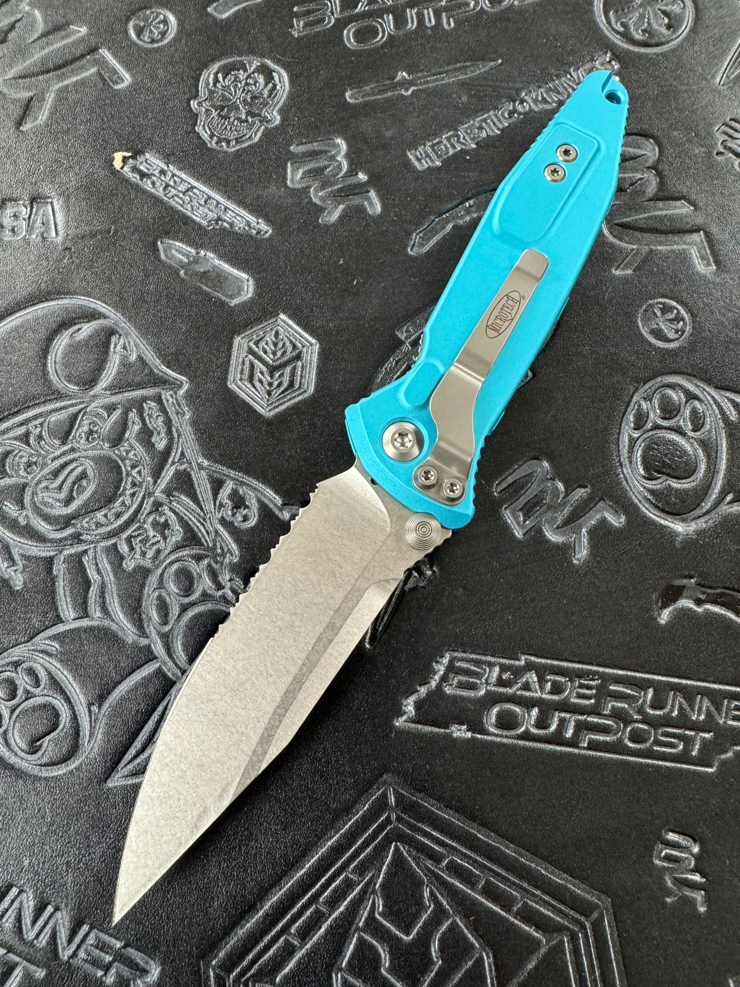 Microtech Socom Elite Manual S/E Partial Serrated Stonewash w/ Turquoise Handle 160-11 TQ