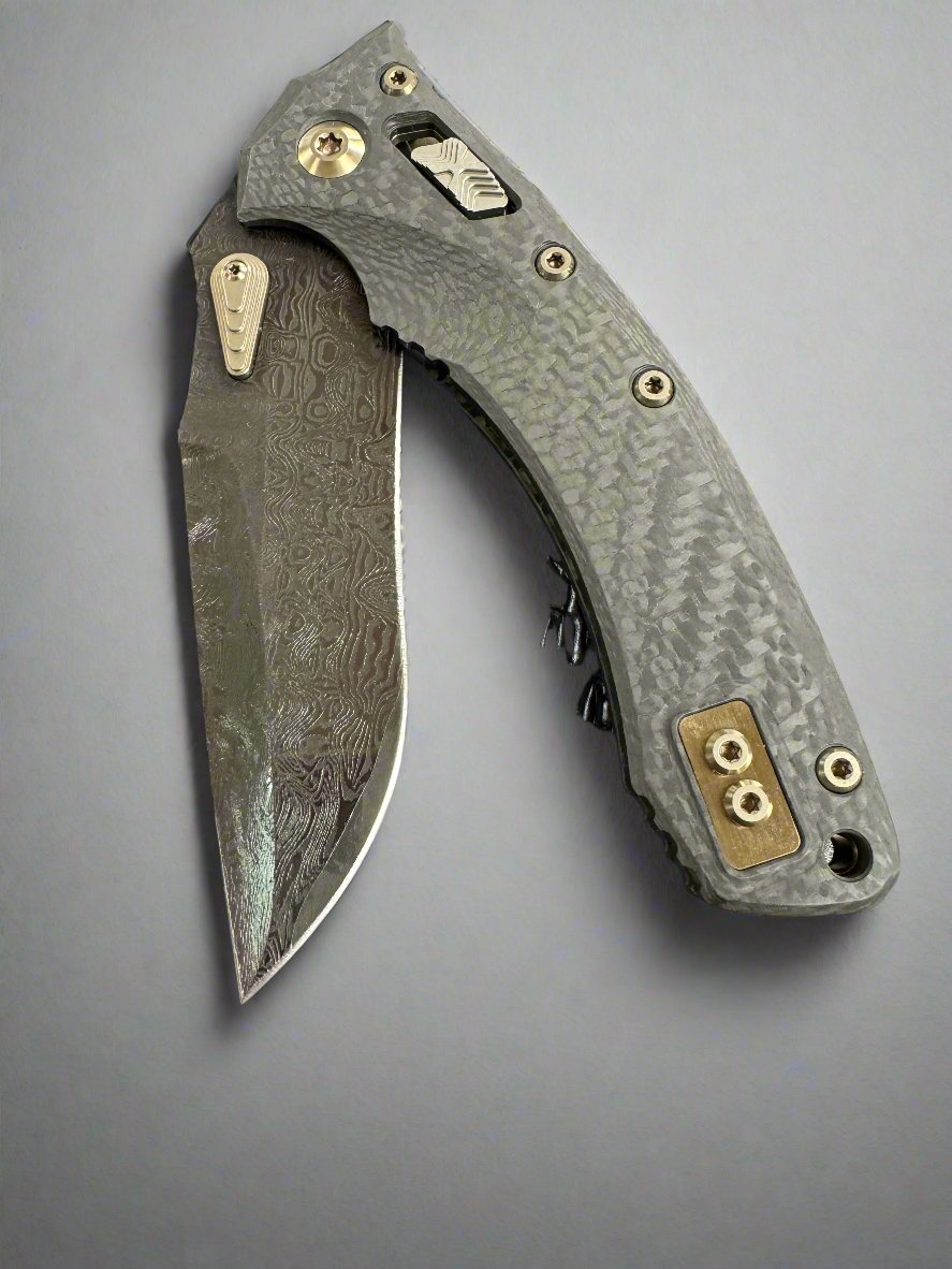 Marfione Custom Knives Amphibian RAM-LOK Pekka Tuominen Damascus w Bronze Two Tone Hardware & Carbon Fiber Handles Prototype 1/1