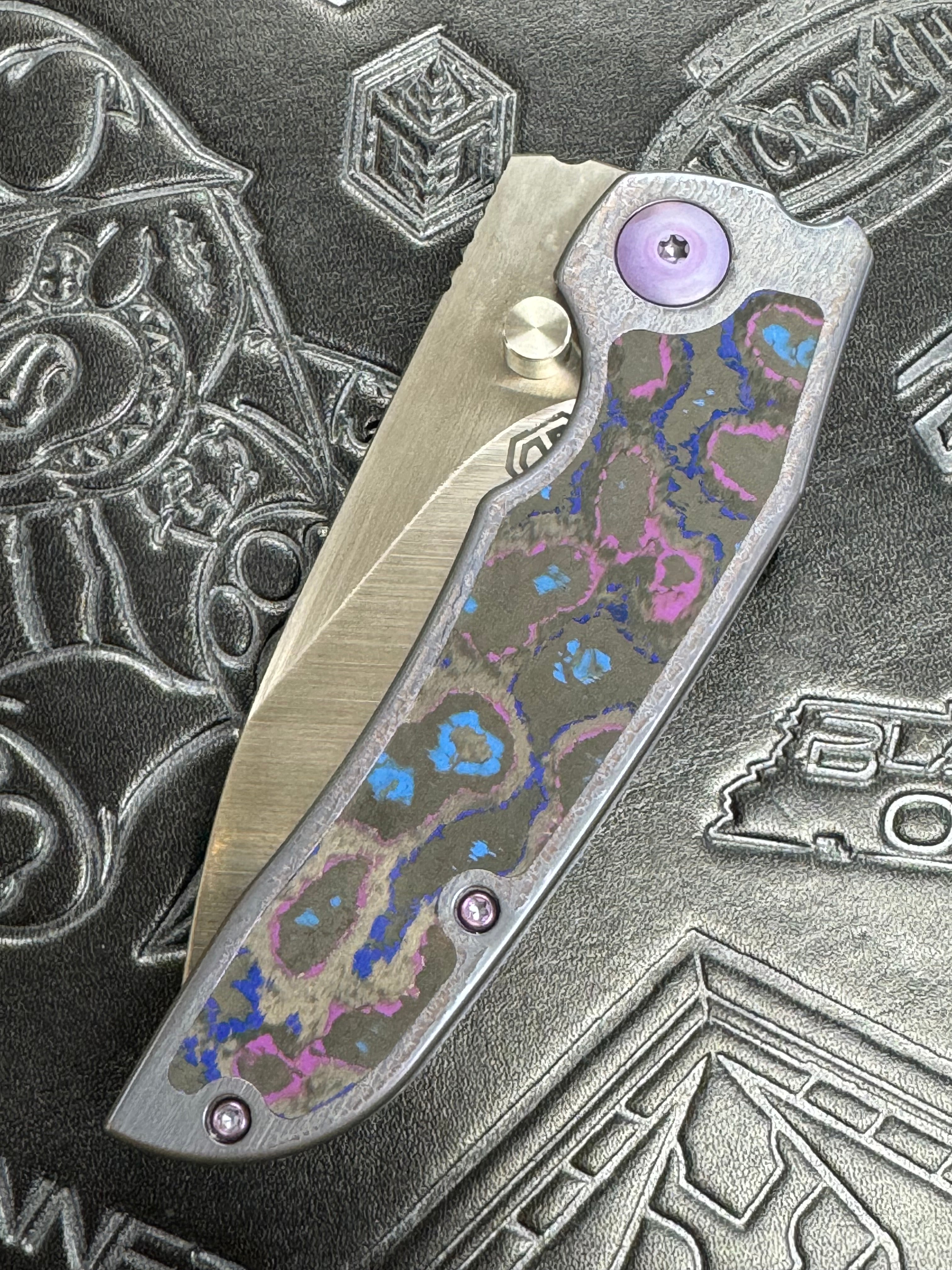 John Gray PHAT THUCK Satin Finish Magnacut Blade, Anodized Titanium Handles With Timascus Camo Carbon Inlay