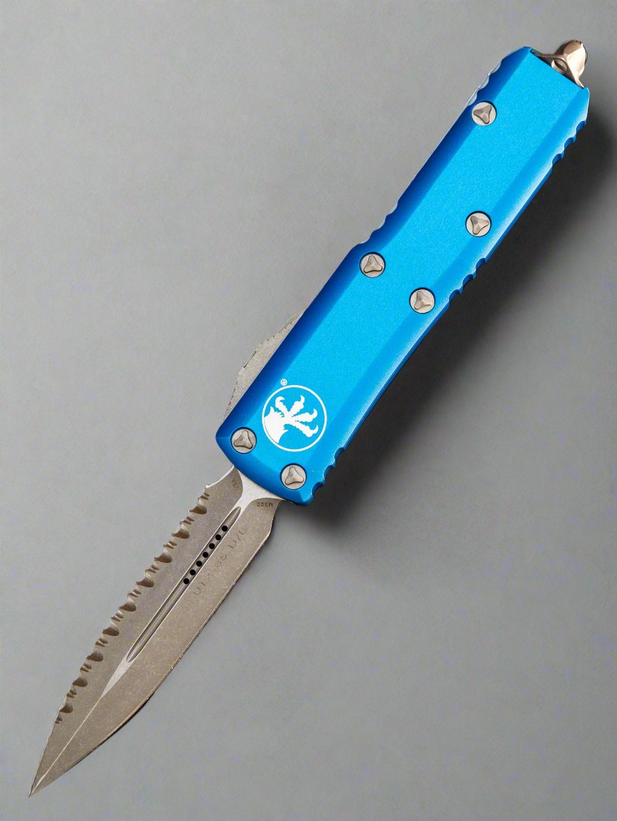 MICROTECH UTX-85 BLUE OTF 3" DAGGER STONEWASH APOCALYPTIC SERRATED 232-12APBL