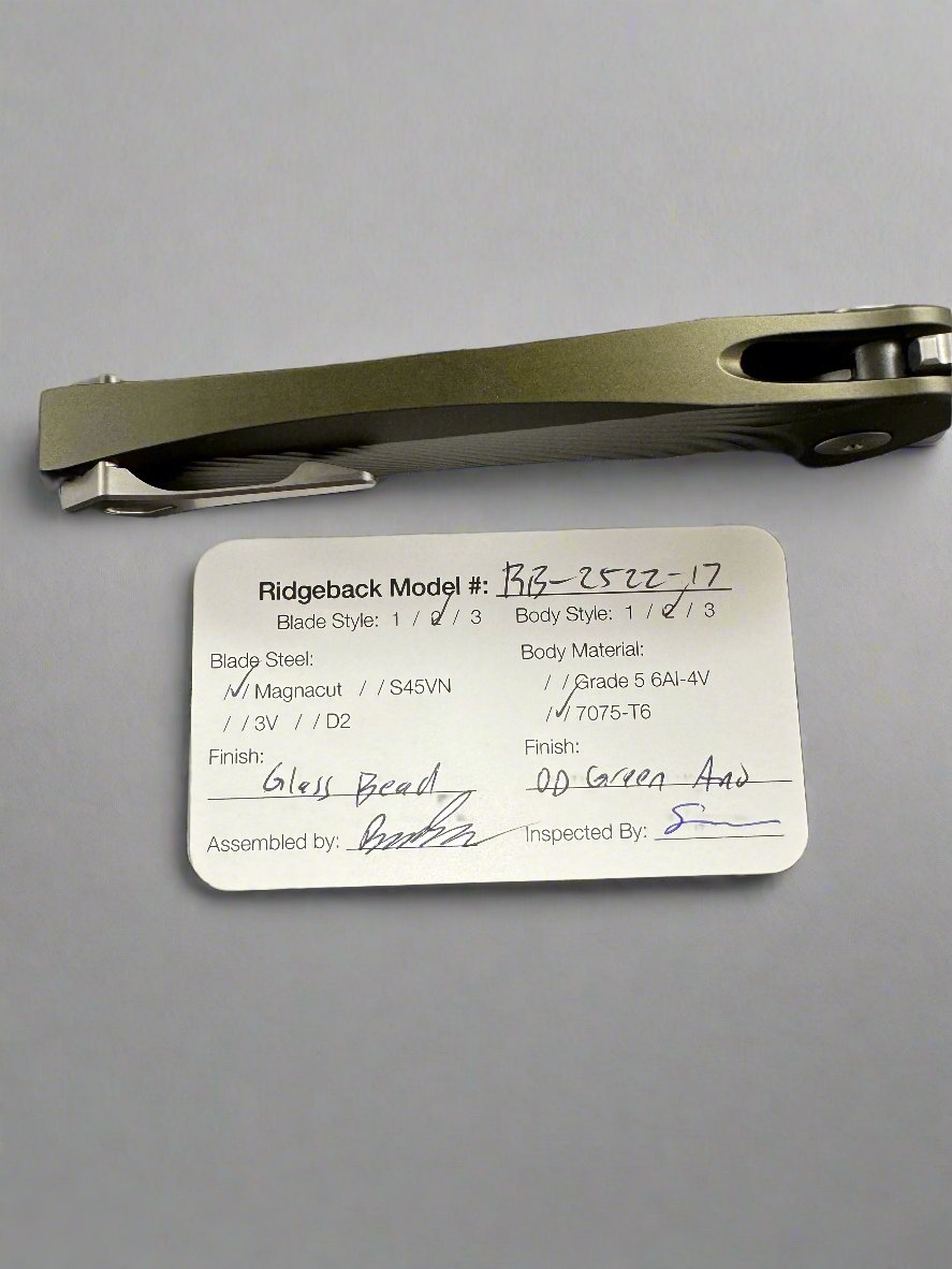 Dead Reckon Knives Ridgeback - Aluminum OD Green, WharnCleaver, Series 2, Body 2, Magnacut, Button Lock, Glass Bead Finish
