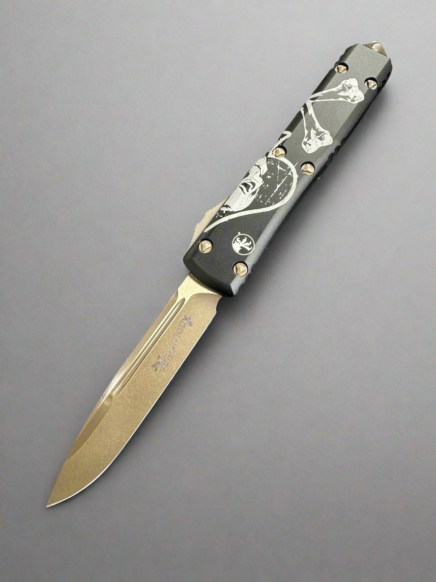 MICROTECH DEATH CARD ULTRATECH OTF KNIFE-BLACK HANDLE- BRONZED APOCALYPTIC BLADE 121-13 DCS