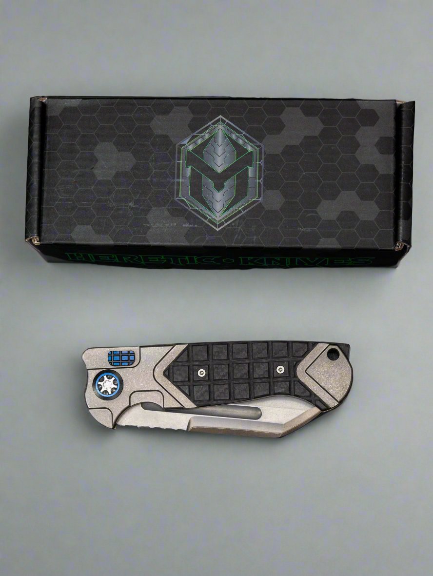 Pre Owned Heretic Butcher Auto - TakeFu Shiro 2 Tumbled Titanium Blue Ano TI Button 2 Tone Pivot Collar SN:028