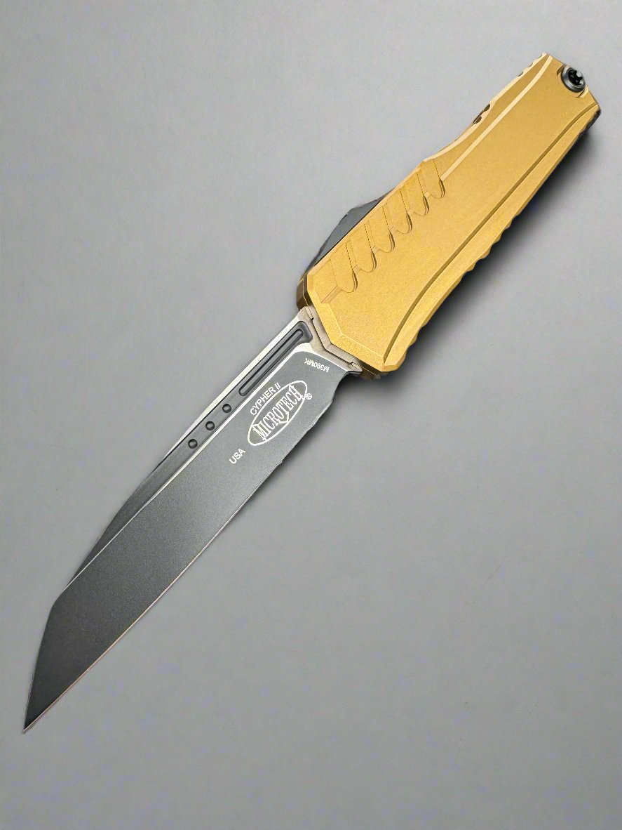 MICROTECH CYPHER II 2024- SINGLE EDGE- Tan HANDLE- Standard PLAIN EDGE BLADE 1241-1 TA