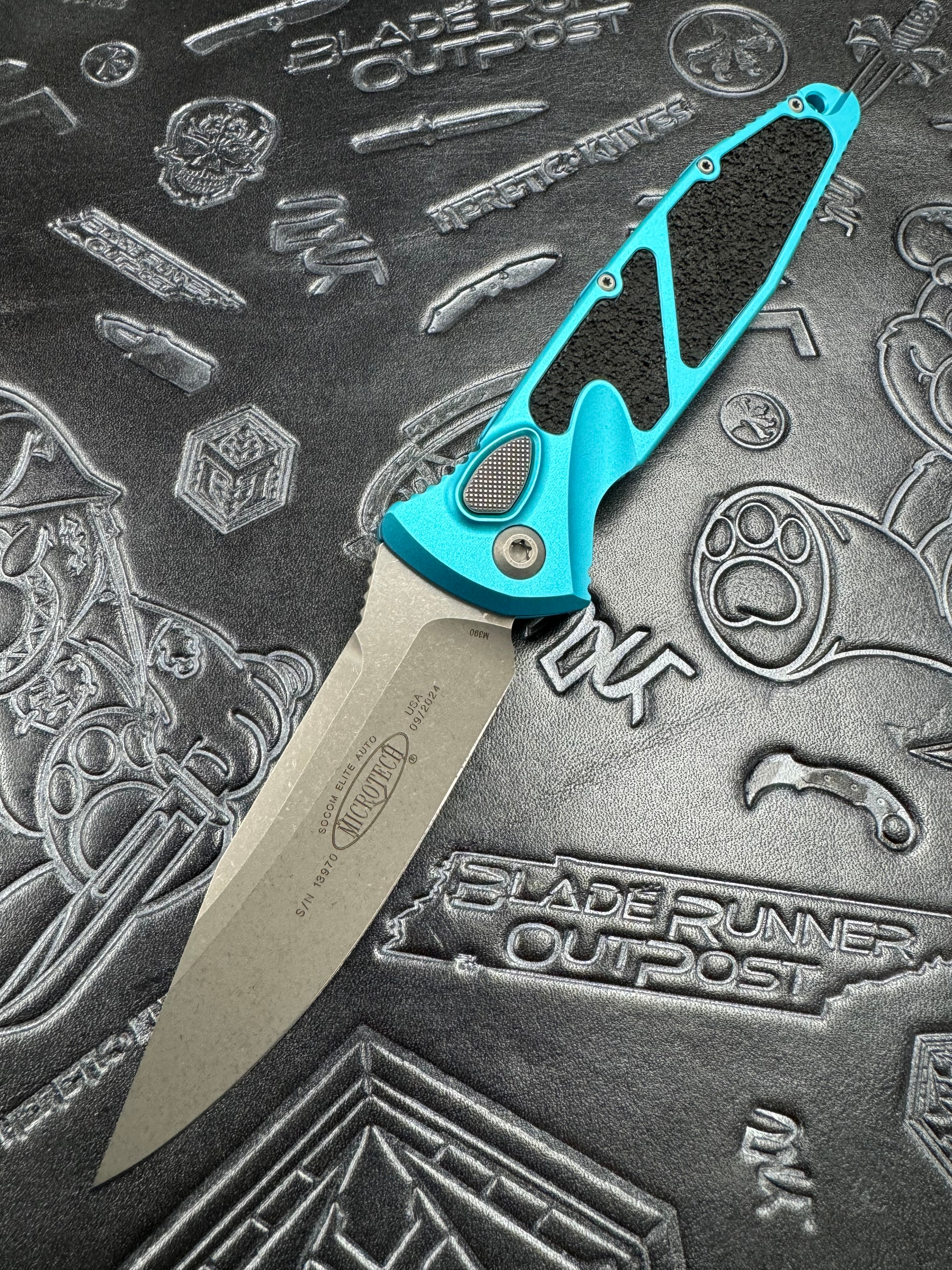 Microtech Socom Elite Auto Turquoise Handles w/ S/E Apocalyptic 160A-10 APTQ