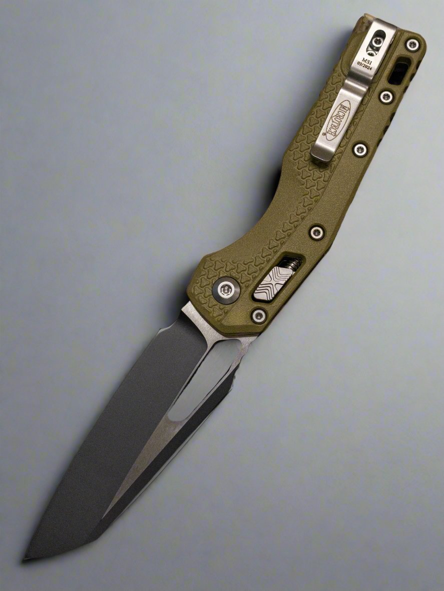 MICROTECH KNIVES- M.S.I. RAM-LOK FOLDER- OD GREEN TRI-GRIP INJECTION MOLDED HANDLE- BLACK PLAIN EDGE BLADE- BEAD BLAST HARDWARE 210T-1 PMOD