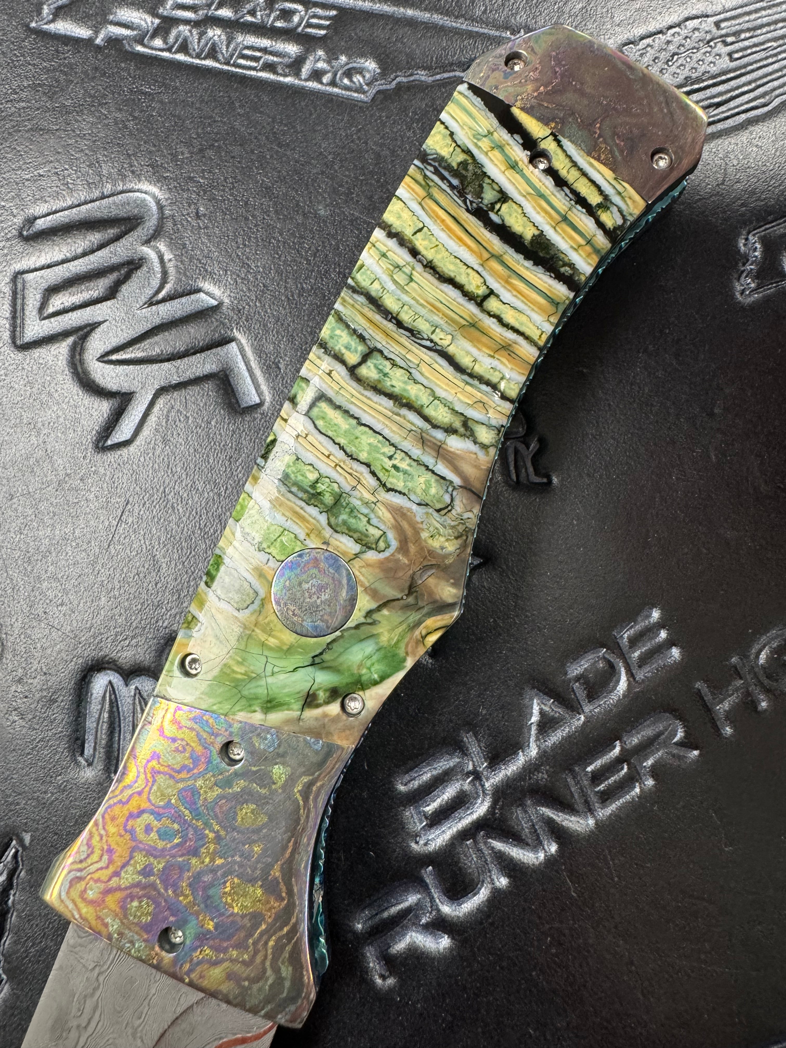 Valloton, Rainy - SV AK-25 2x Damascus / Copper Core Moku-Ti Bolsters Green & Black Molar Handles Custom Double Action D/A Folder