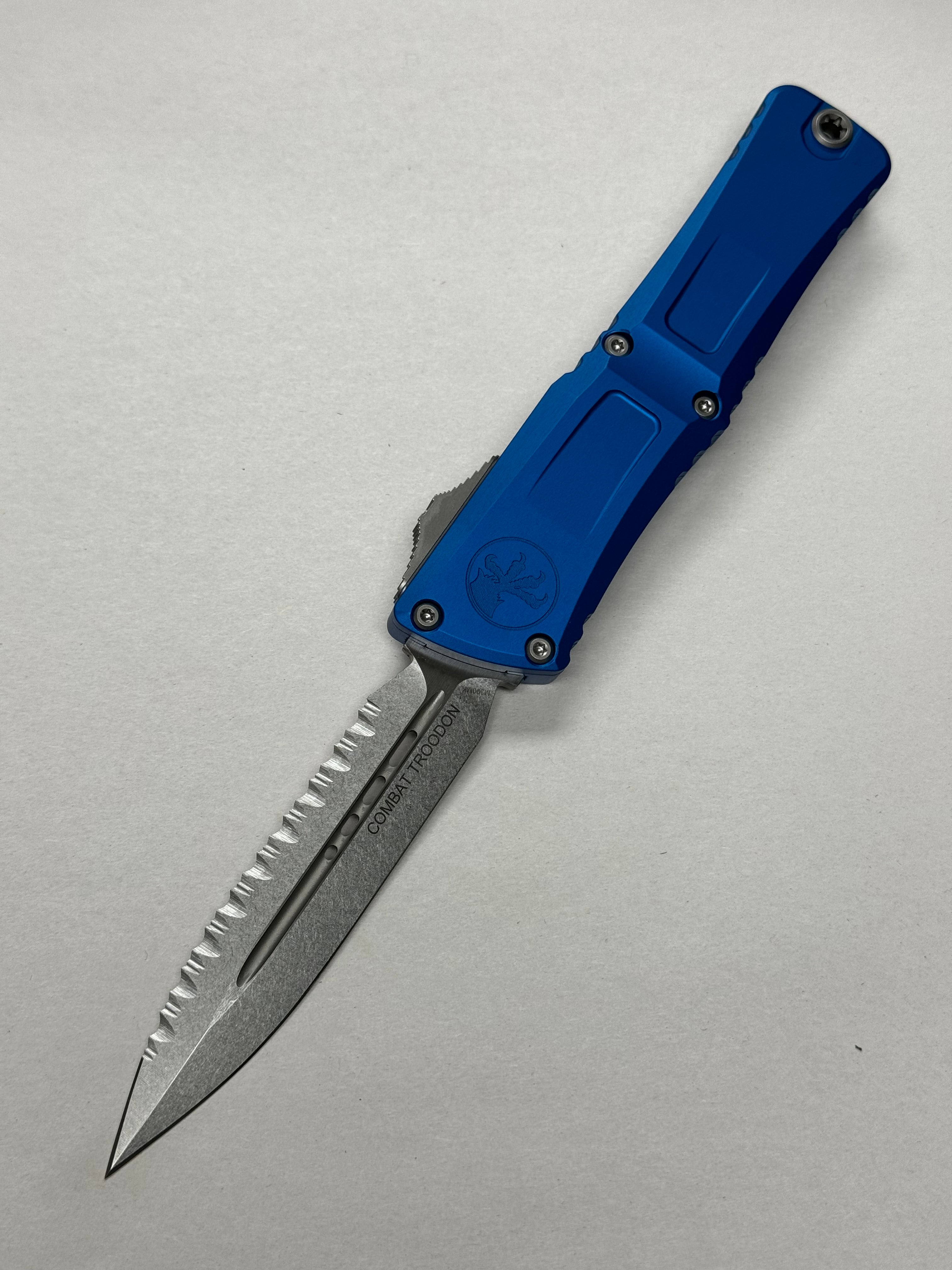 Microtech Knives Combat Troodon Gen III Stonewash Full Serrated Double Edge w/ Blue Handle 1142-12 BL