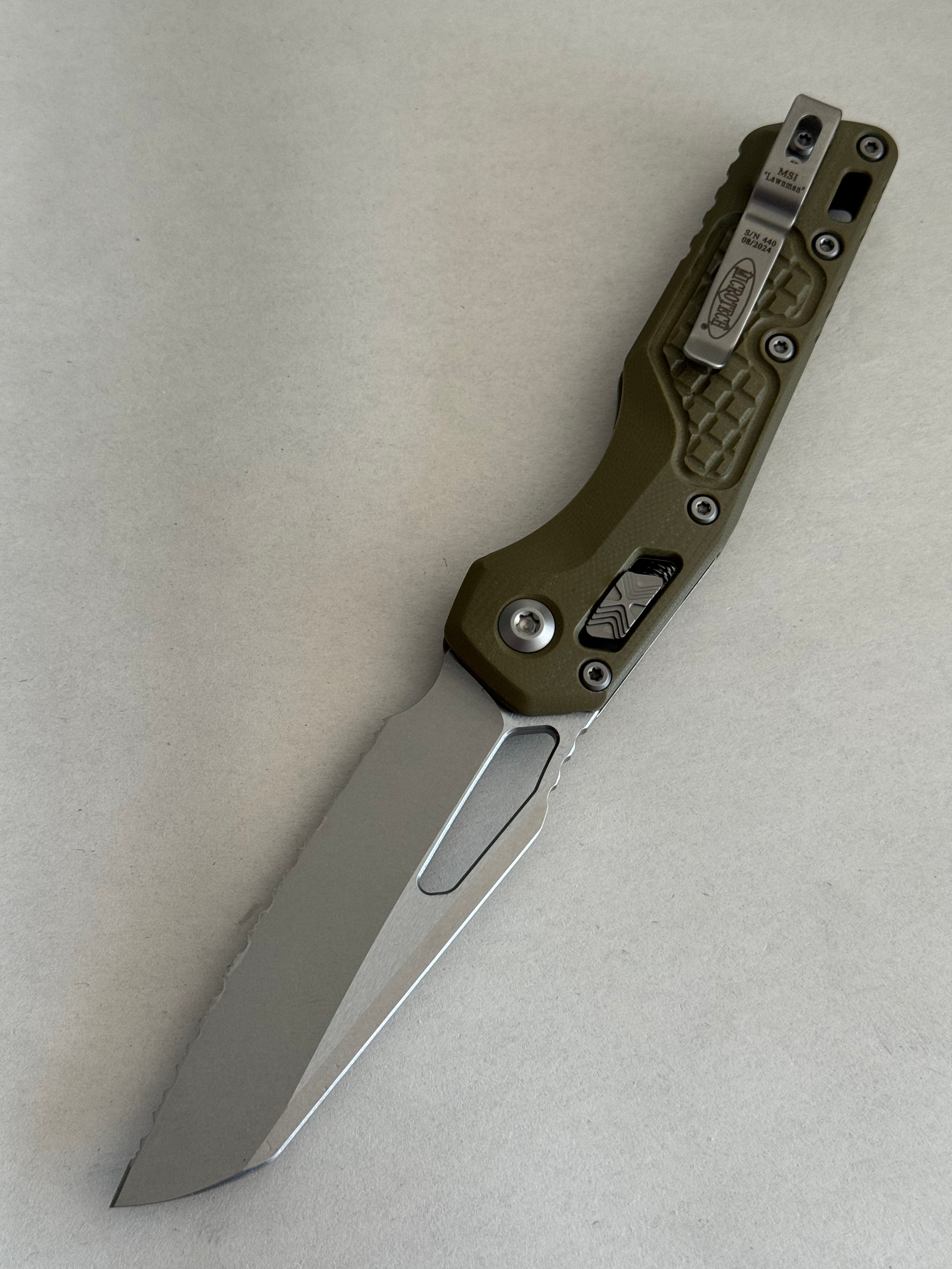 Microtech Knives MSI Lawnman RAM LOK Frag OD Green G-10 & Full Serrated M390MK 210-12 FRGTODLM