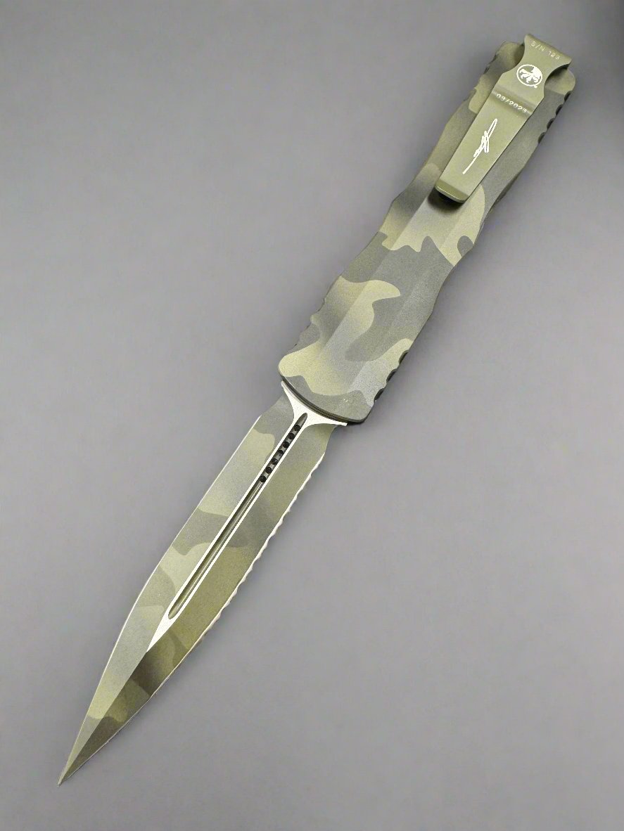 Pre Owned Like New Microtech Dirac Delta D/E Olive Camo Fully Serrated Signature Series 227-3OCS