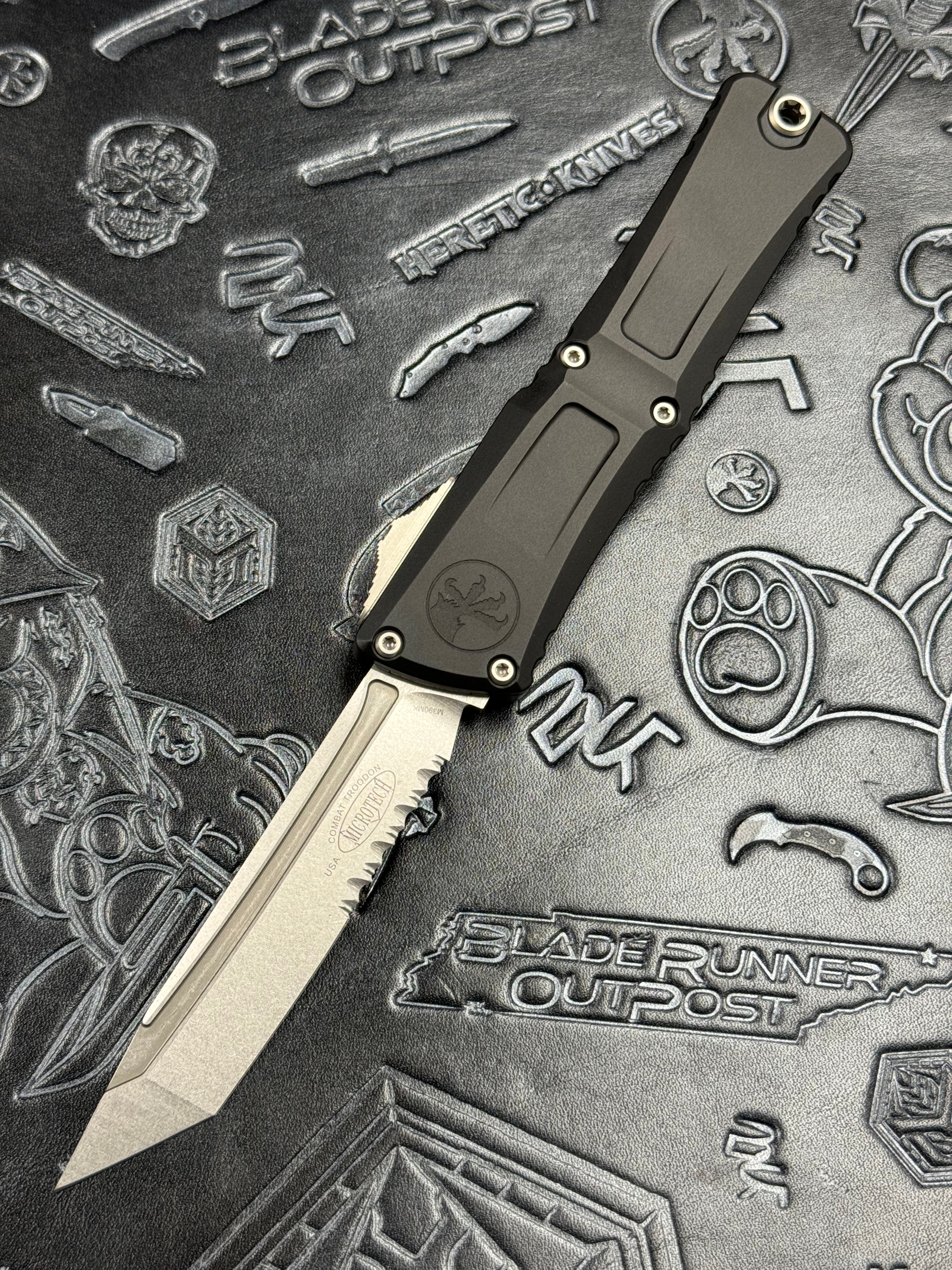 Microtech Knives Combat Troodon Gen III Stonewash Tanto Partial Serrated w/ Black Handle 1144-11