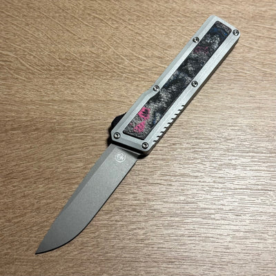 Chaves Dissident Drop Point -  Clear Crosshatch Aluminum w/ GTA Camo Carbon Inlay & Blue Ano Clip - Stonewash M390