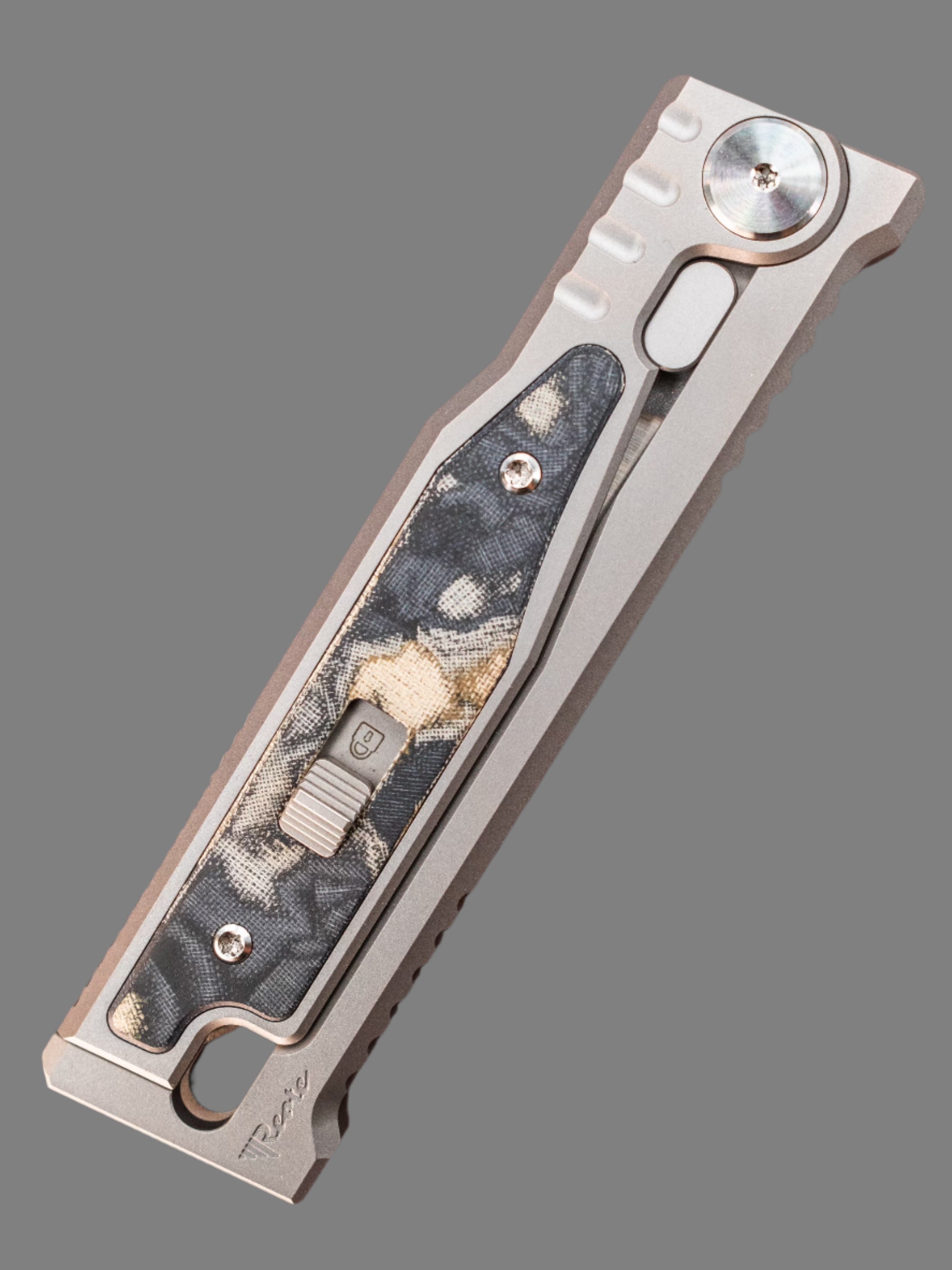 Reate Knives EXO-M Exoskeleton Design Manual OTF Knife Drop Point Satin Blade w/ Titanium and Green/Black Burl Linen Micarta Handles