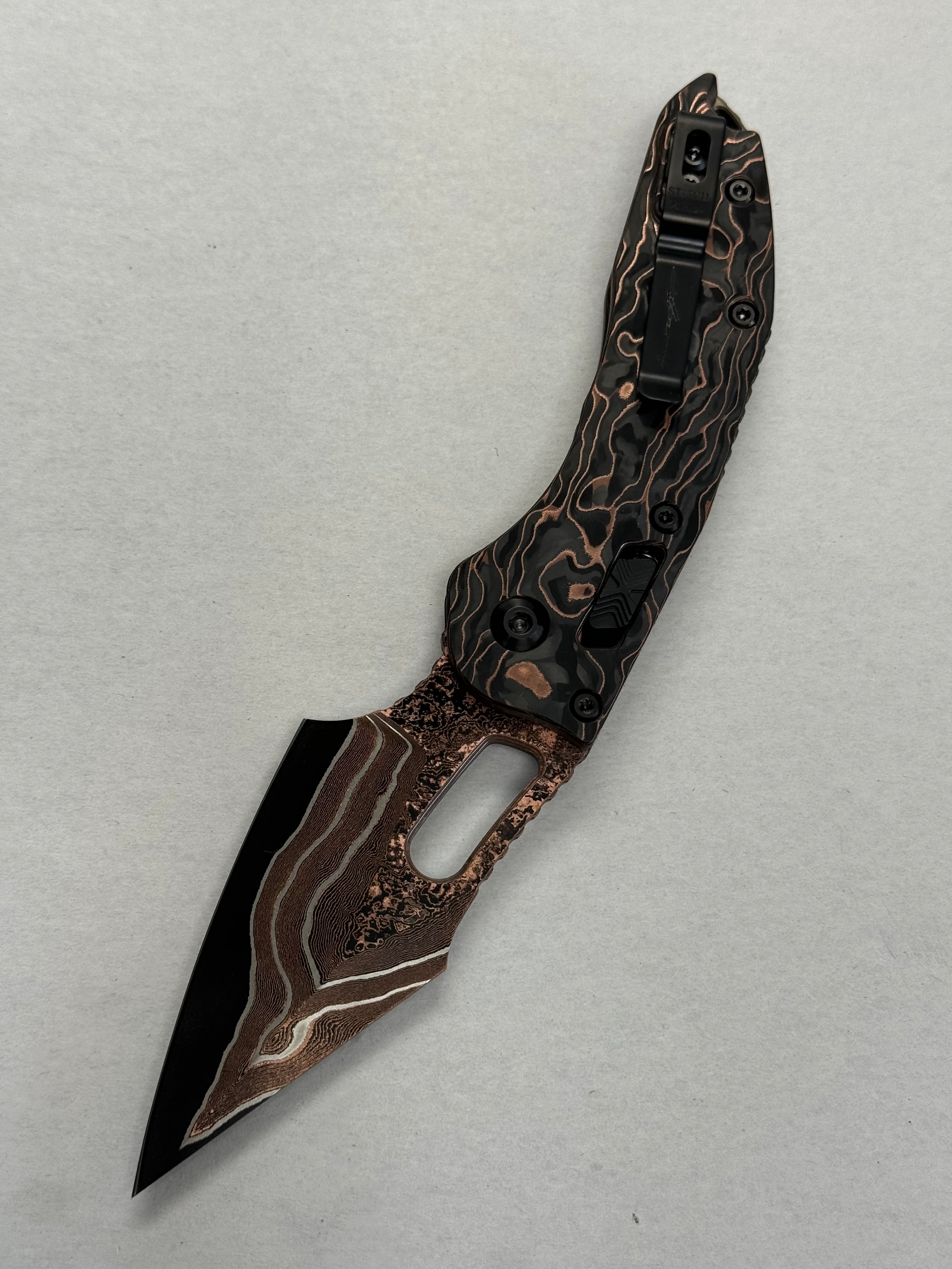 Microtech Knives Manual Stitch RAM LOK Baker Forge Damascus & Protech Composites Live Wire Carbon Fiber Handles Signature Series 169RL-16MS1