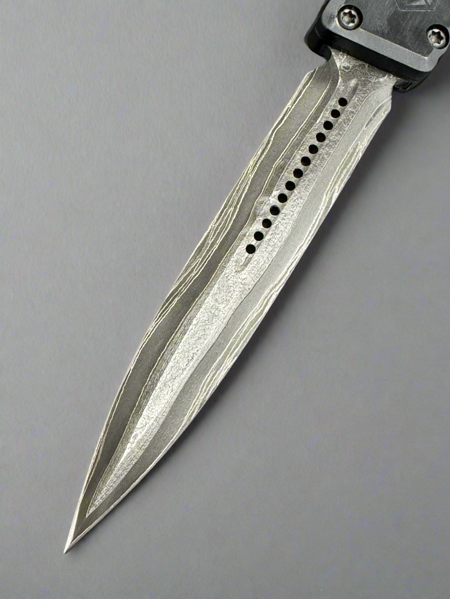 HERETIC KNIVES CUSTOM NYX HEFTED ALUMINUM OTF AUTOMATIC KNIFE 3.7" DAGGER BROKEN ANVIL DAMASCUS